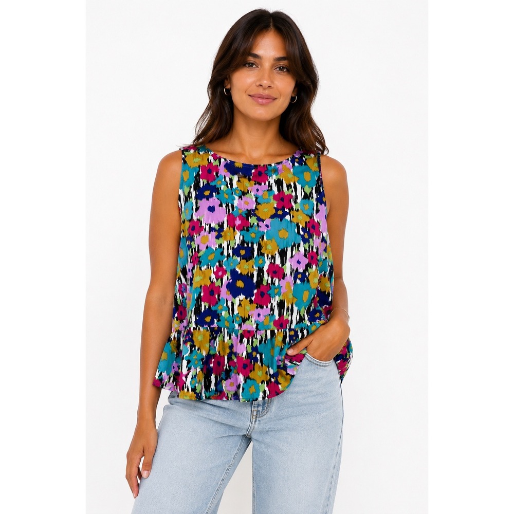 Retrology Peplum Top Womens Large Multi Color Floral Ikat Sleeveless Blouse Boho
